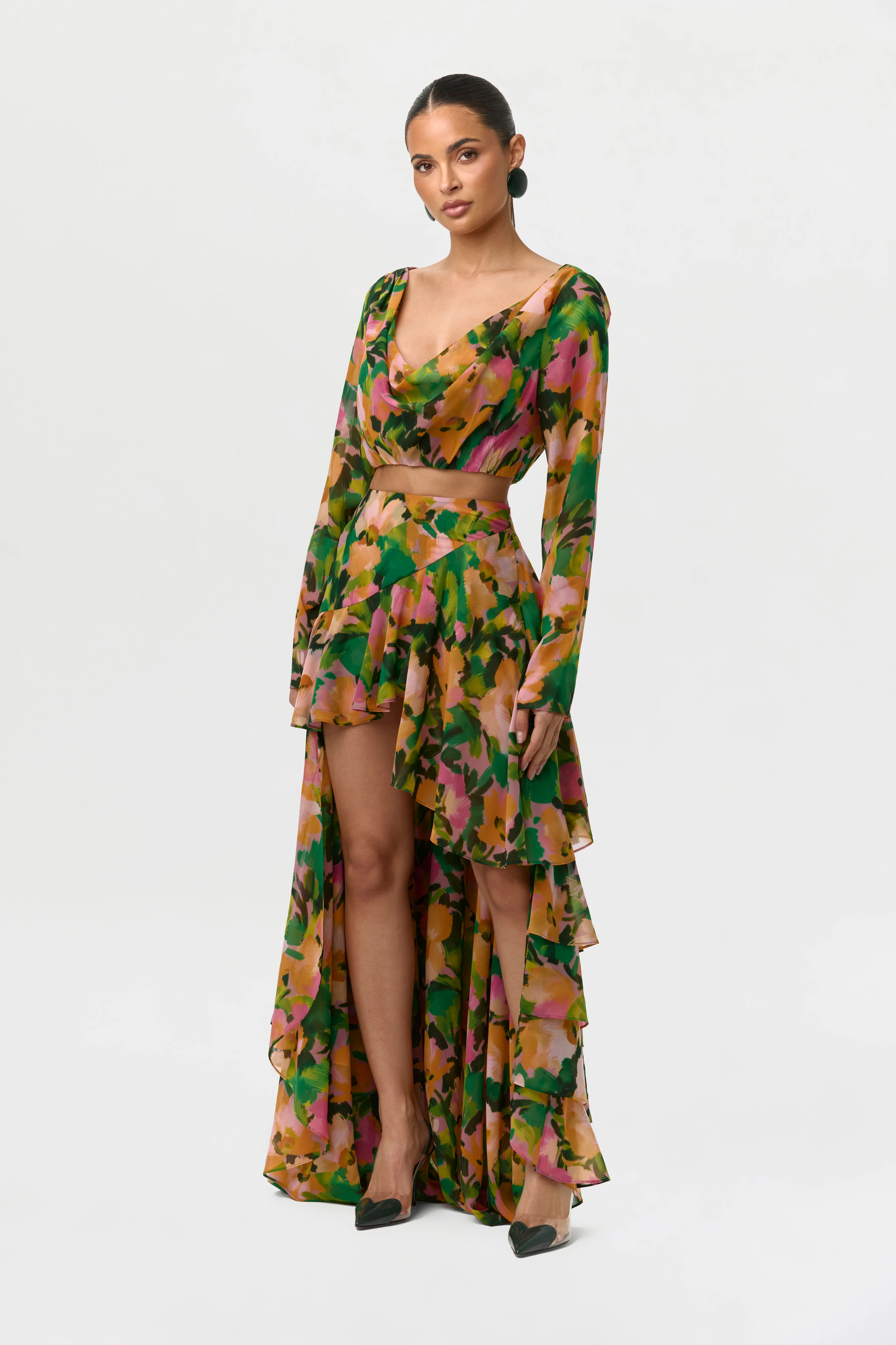 Chiffon Floral Asymmetric Ruffle Skirt - Image 3