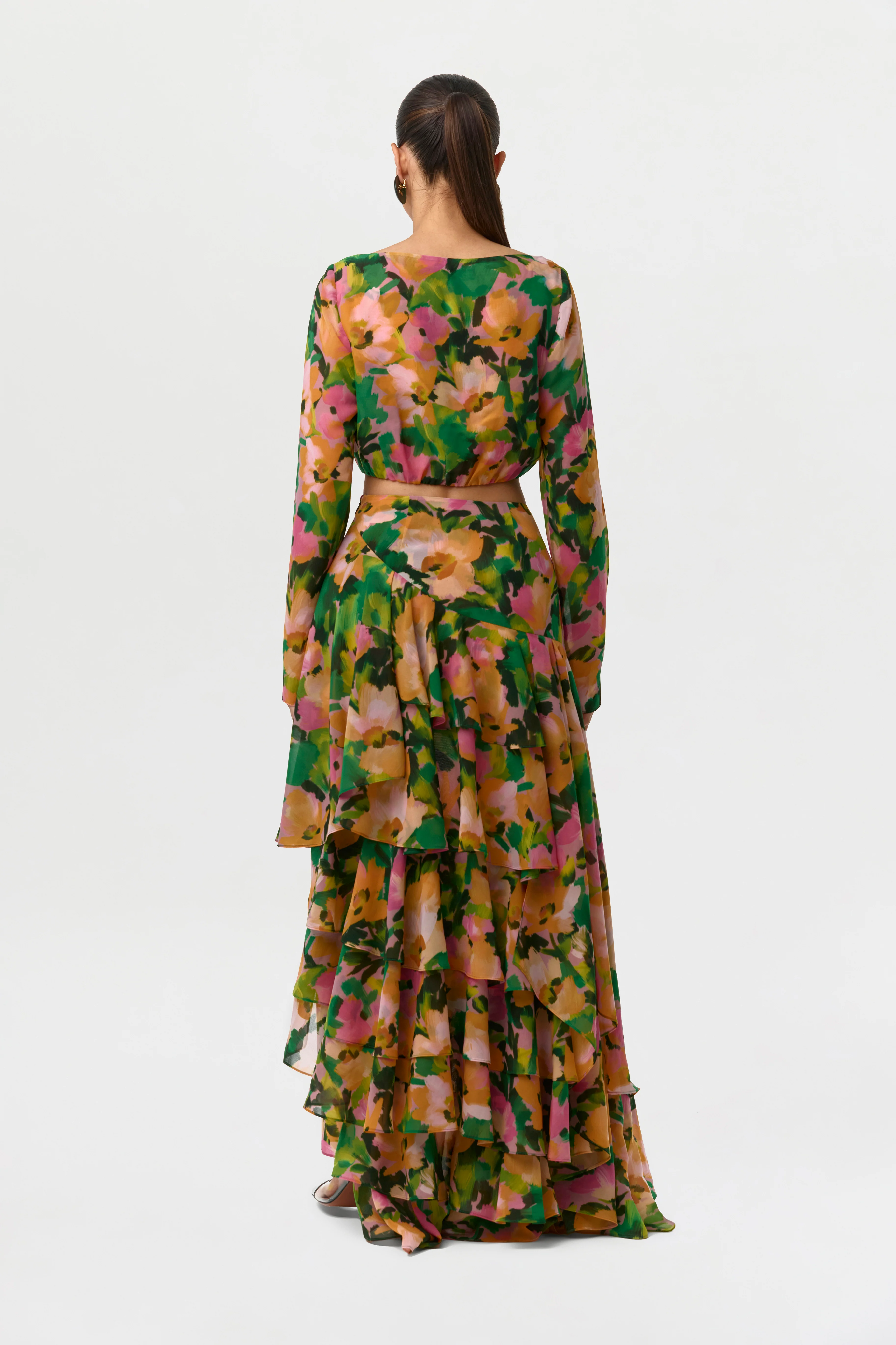 Chiffon Floral Asymmetric Ruffle Skirt - Image 4