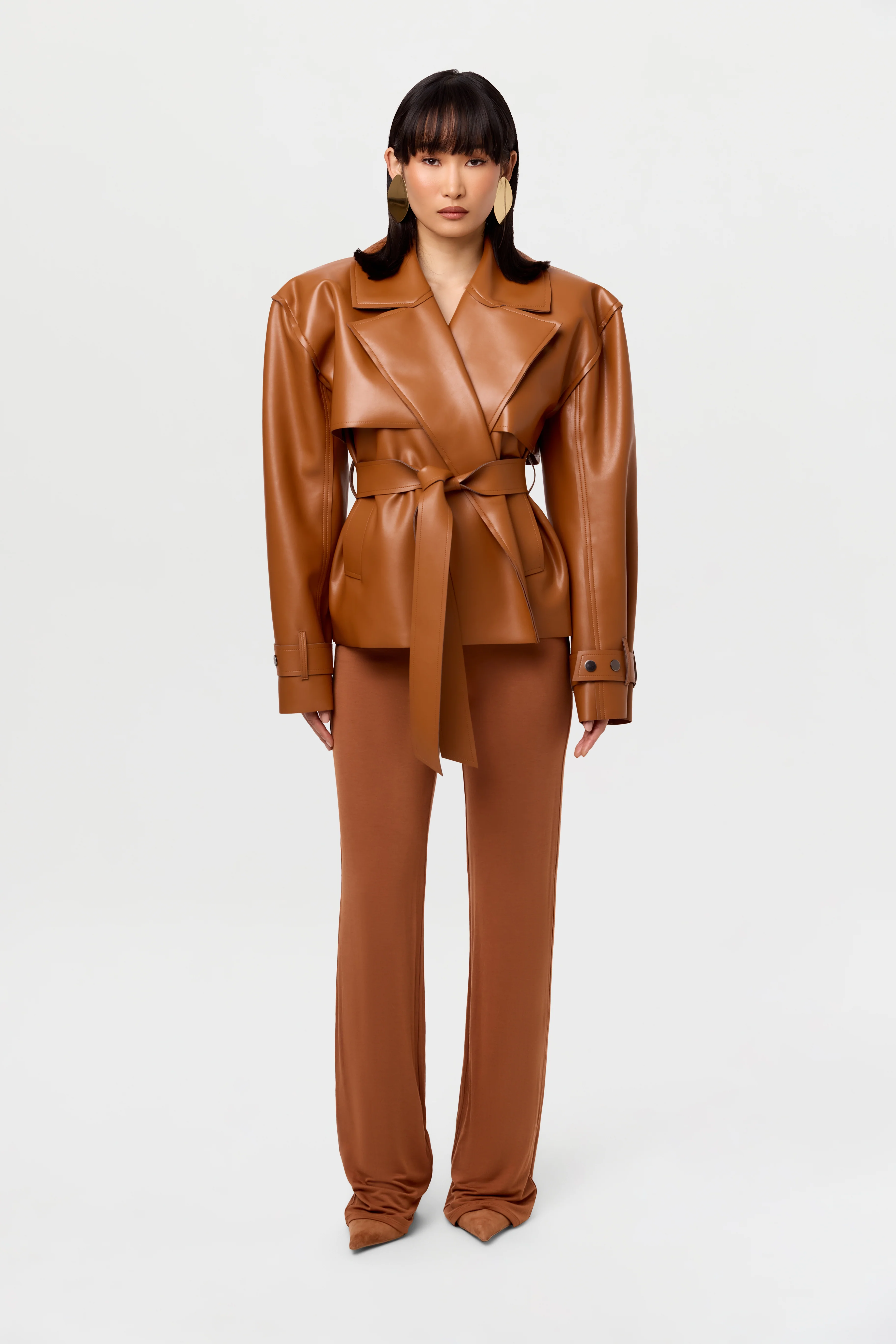 Vegan Leather Cropped Trench Jacket - Image 32