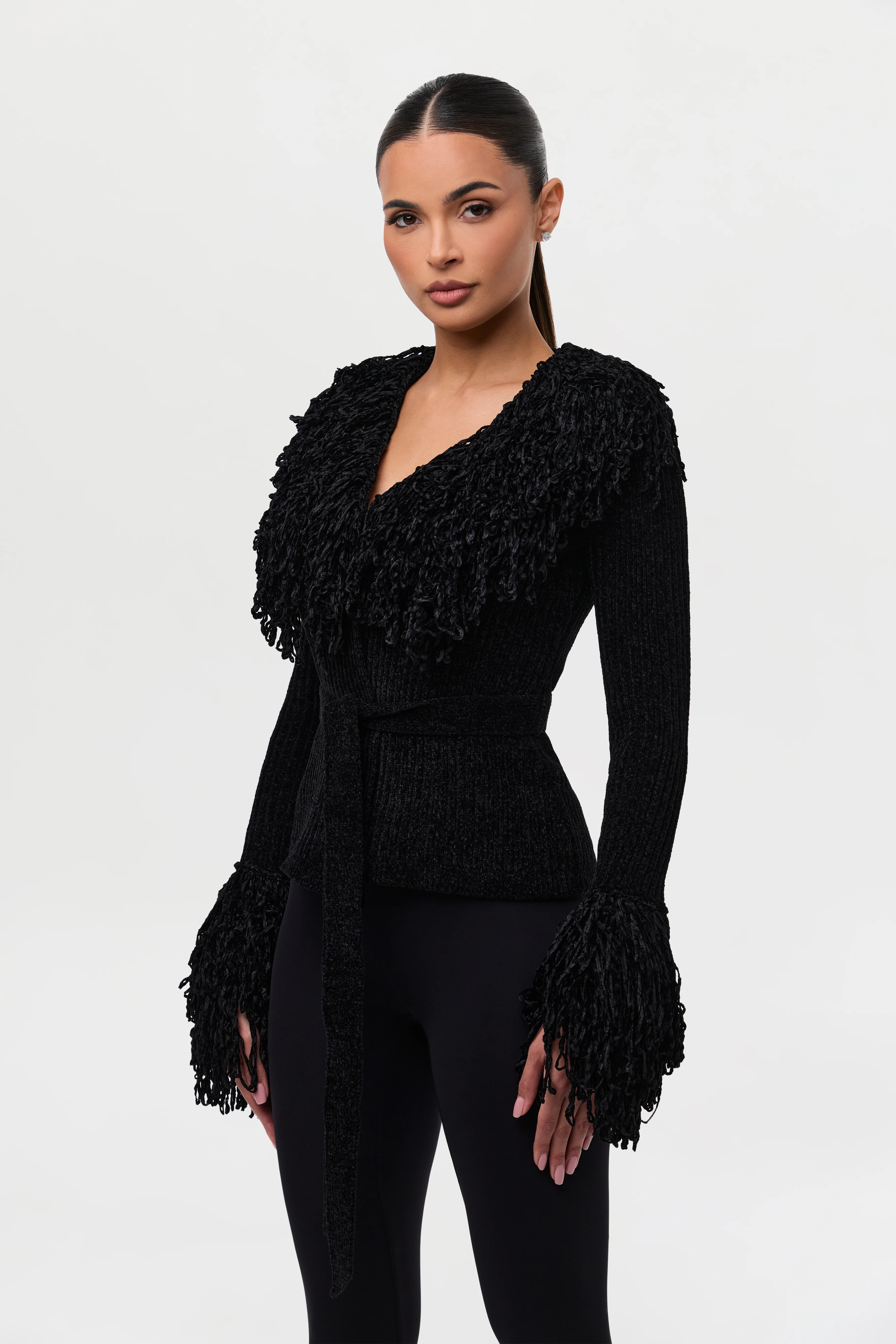 Knit Fringe V-Neck Cardigan - Image 19