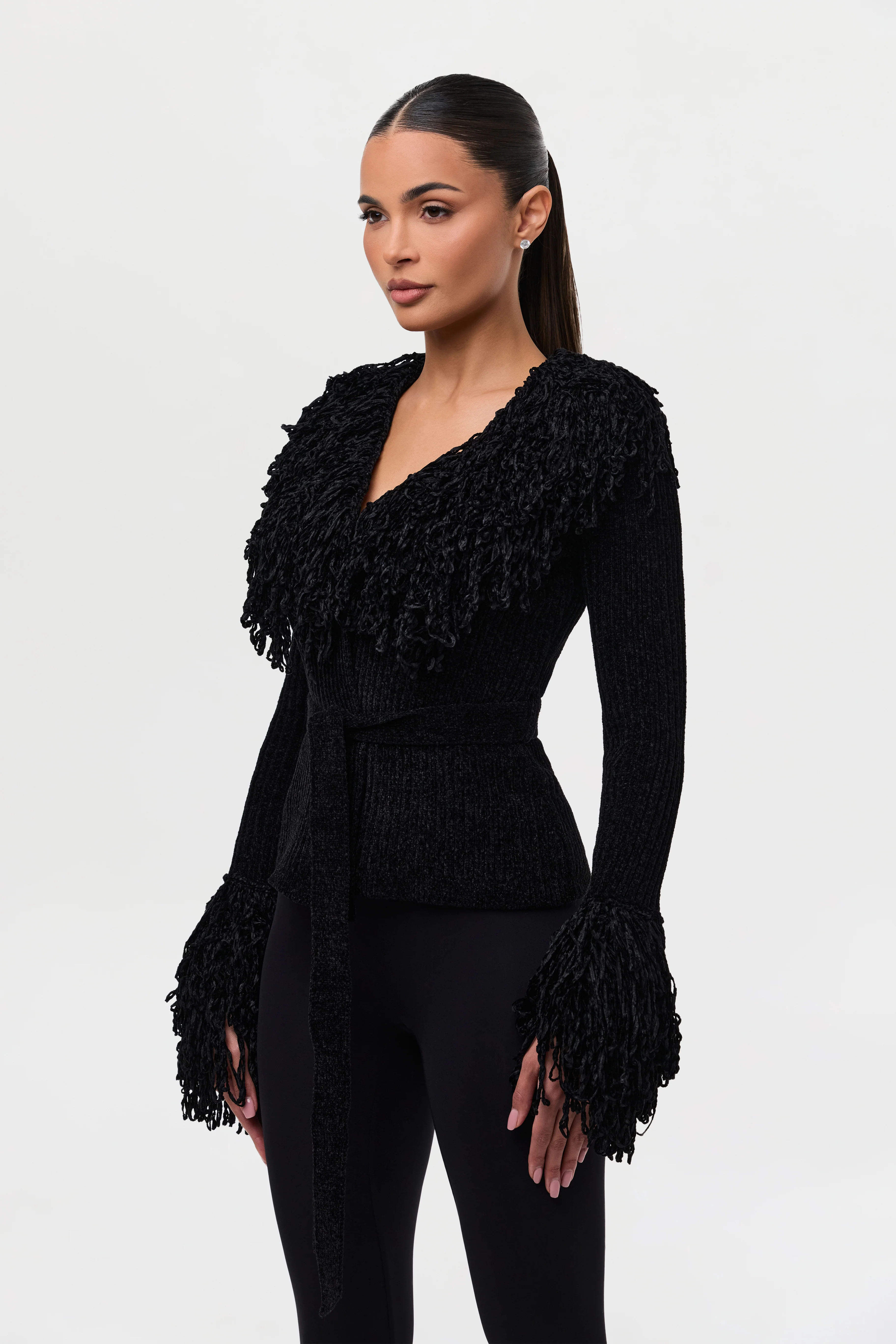 Knit Fringe V-Neck Cardigan - Image 20