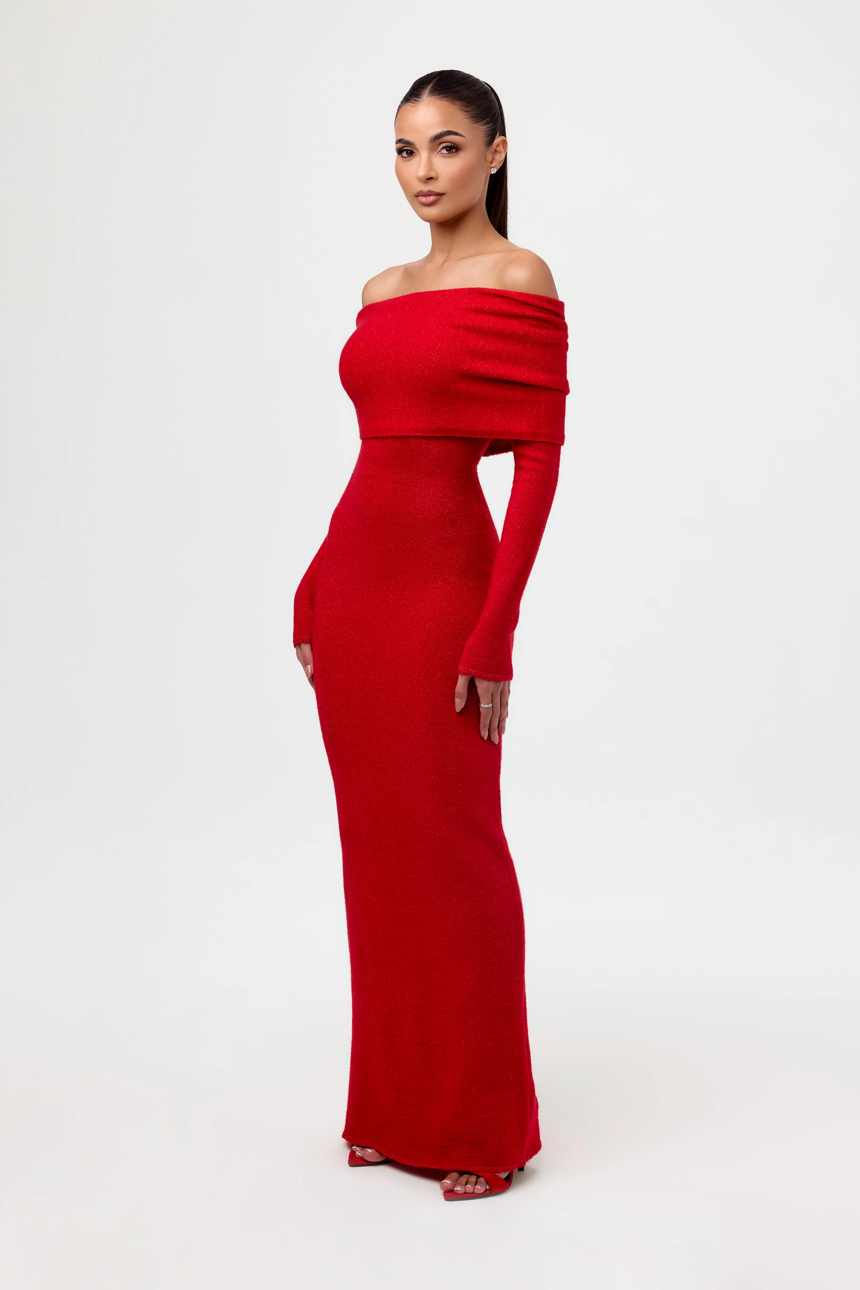 Boucle Knit Off-Shoulder Maxi Dress - Image 5