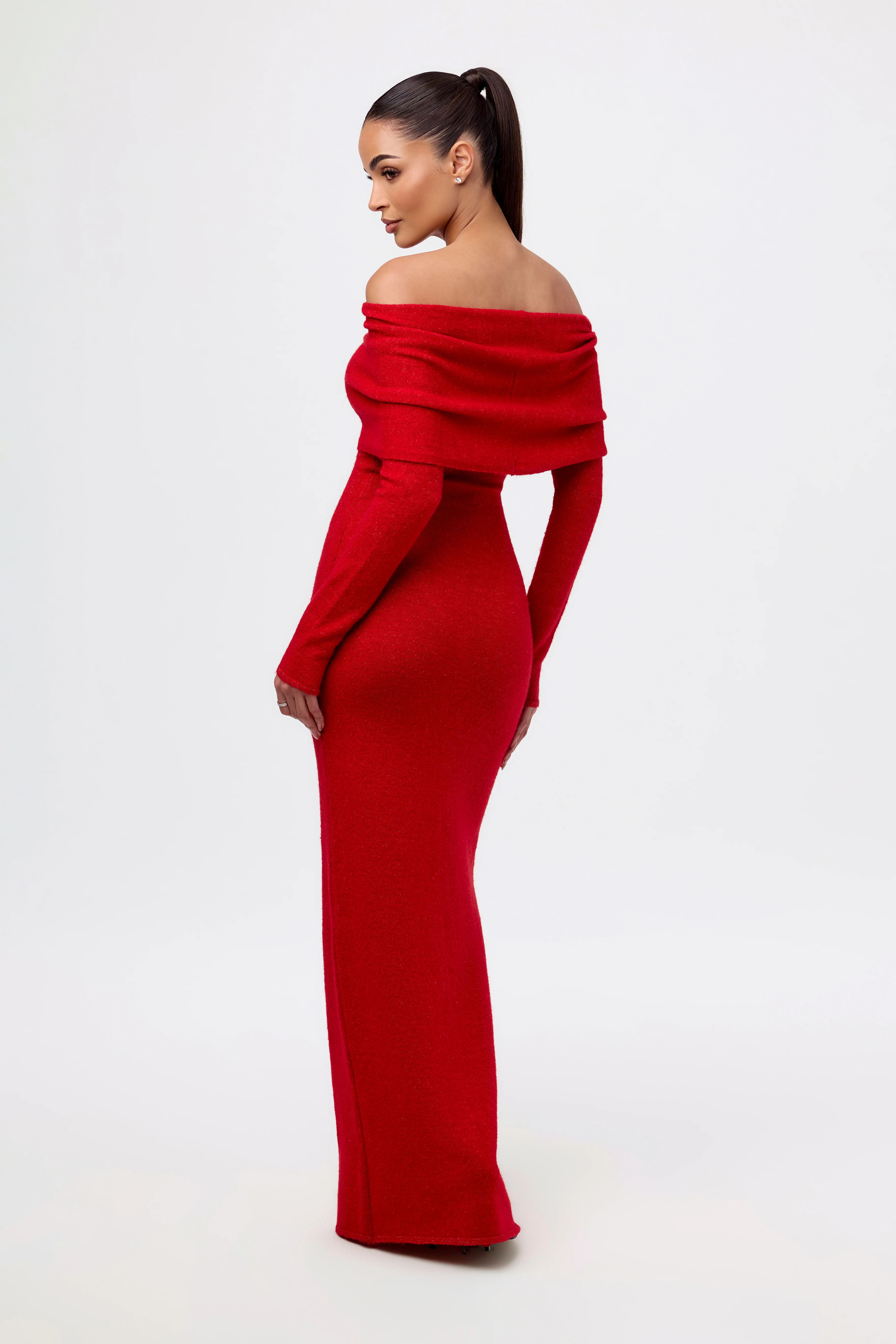 Boucle Knit Off-Shoulder Maxi Dress - Image 6