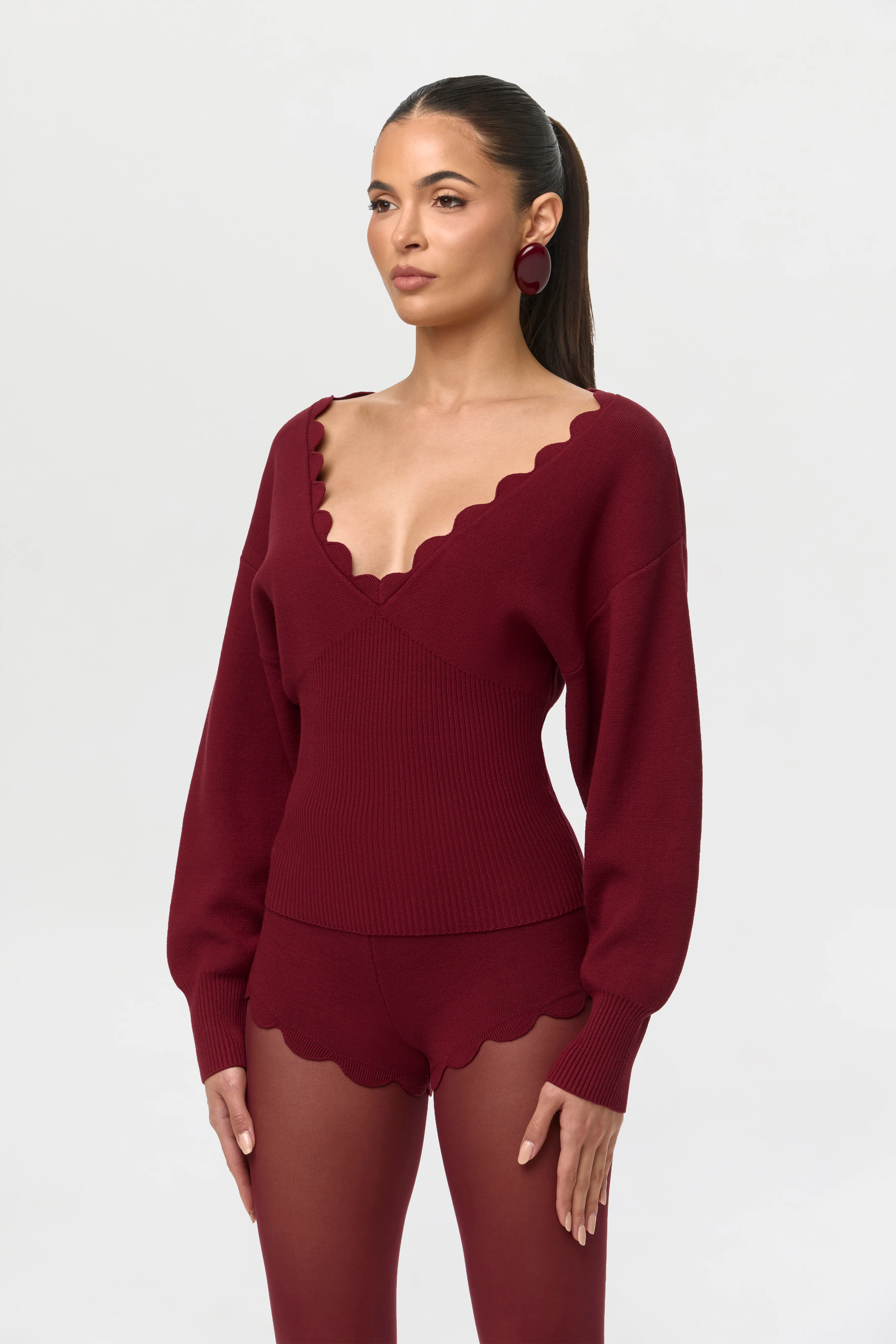 Ribbed-Knit V-Neck Scallop Sweater - Image 2