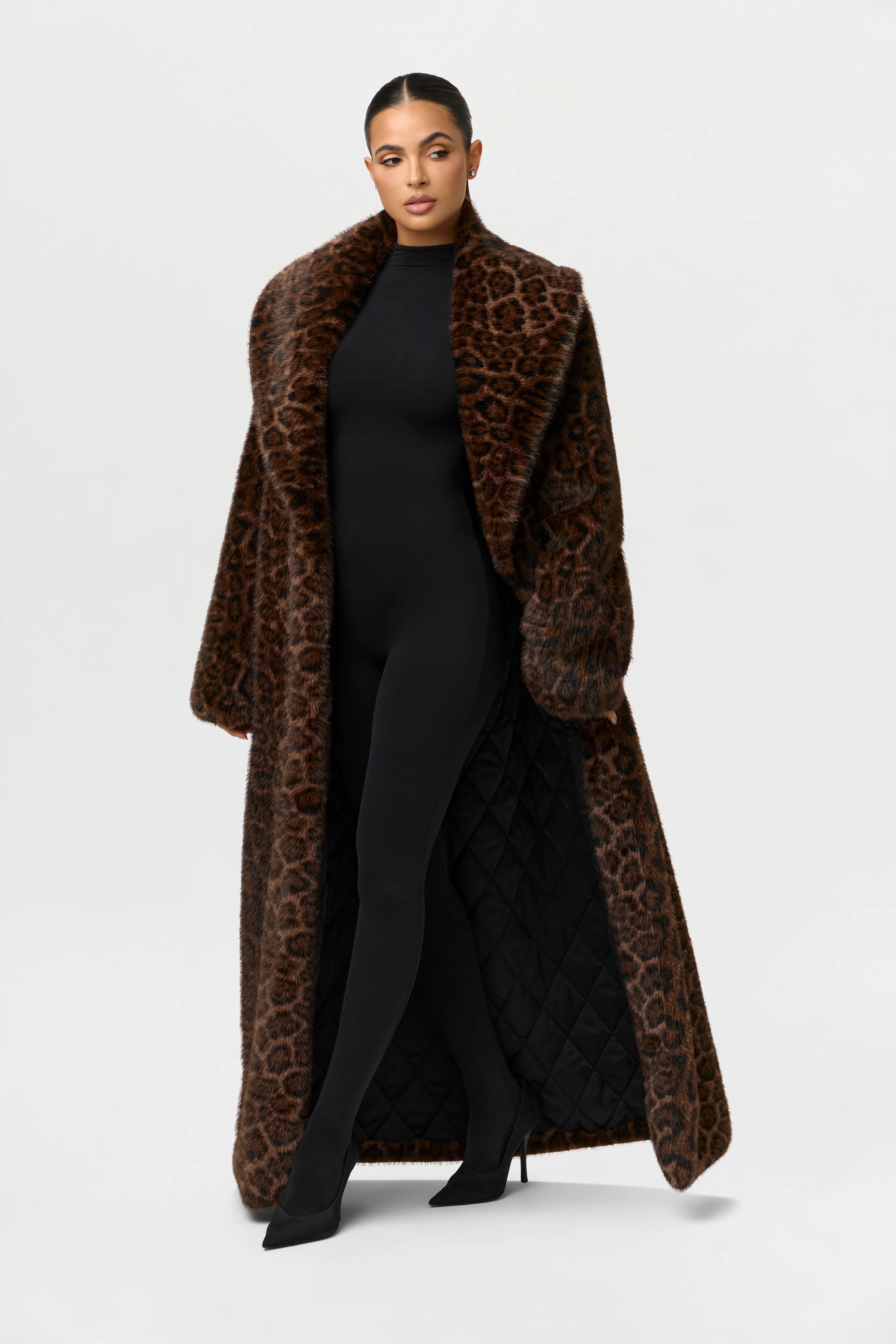 Faux Fur Leopard Long Coat - Image 3