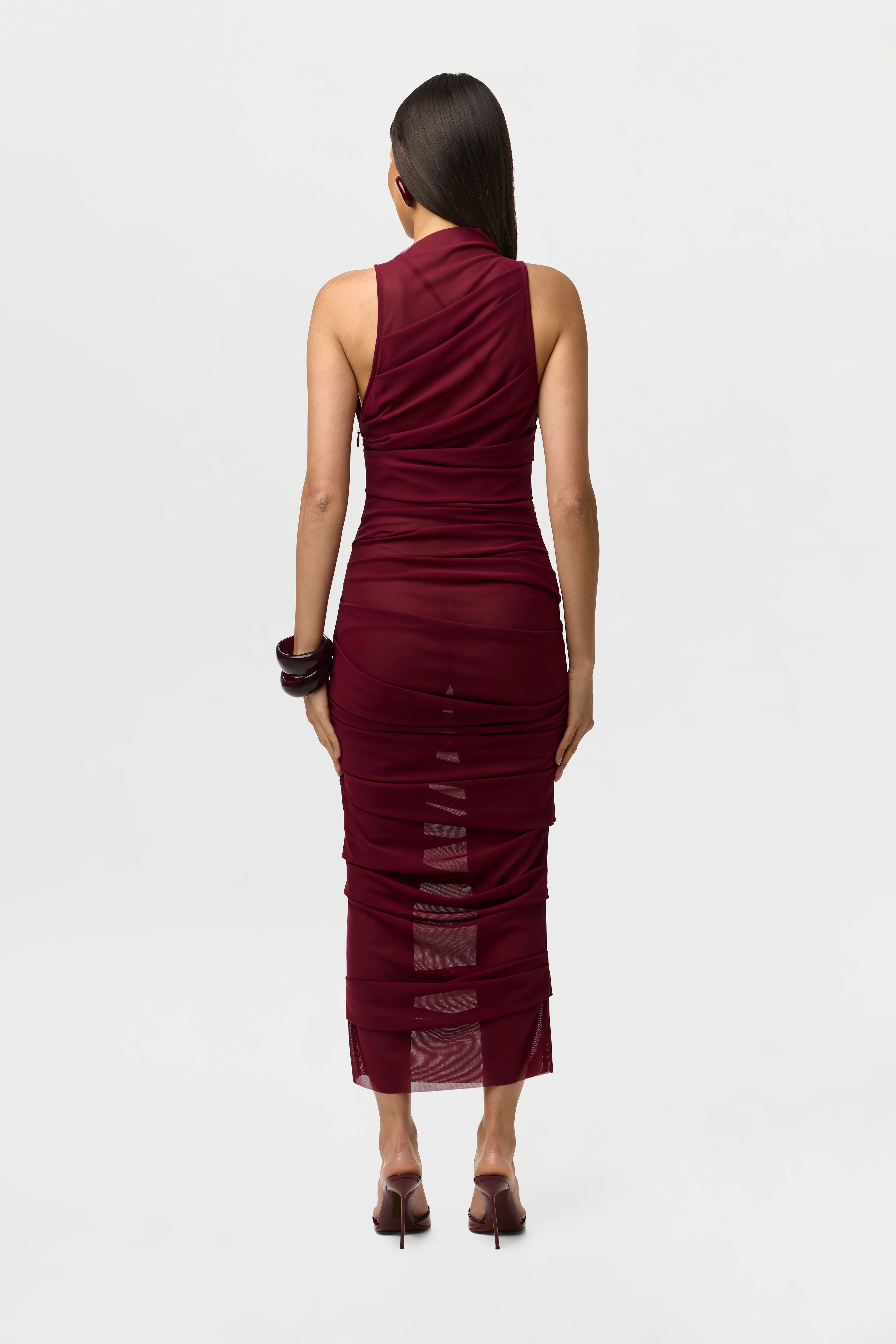 Mesh Asymmetric Pleated Midi Dress - Image 3