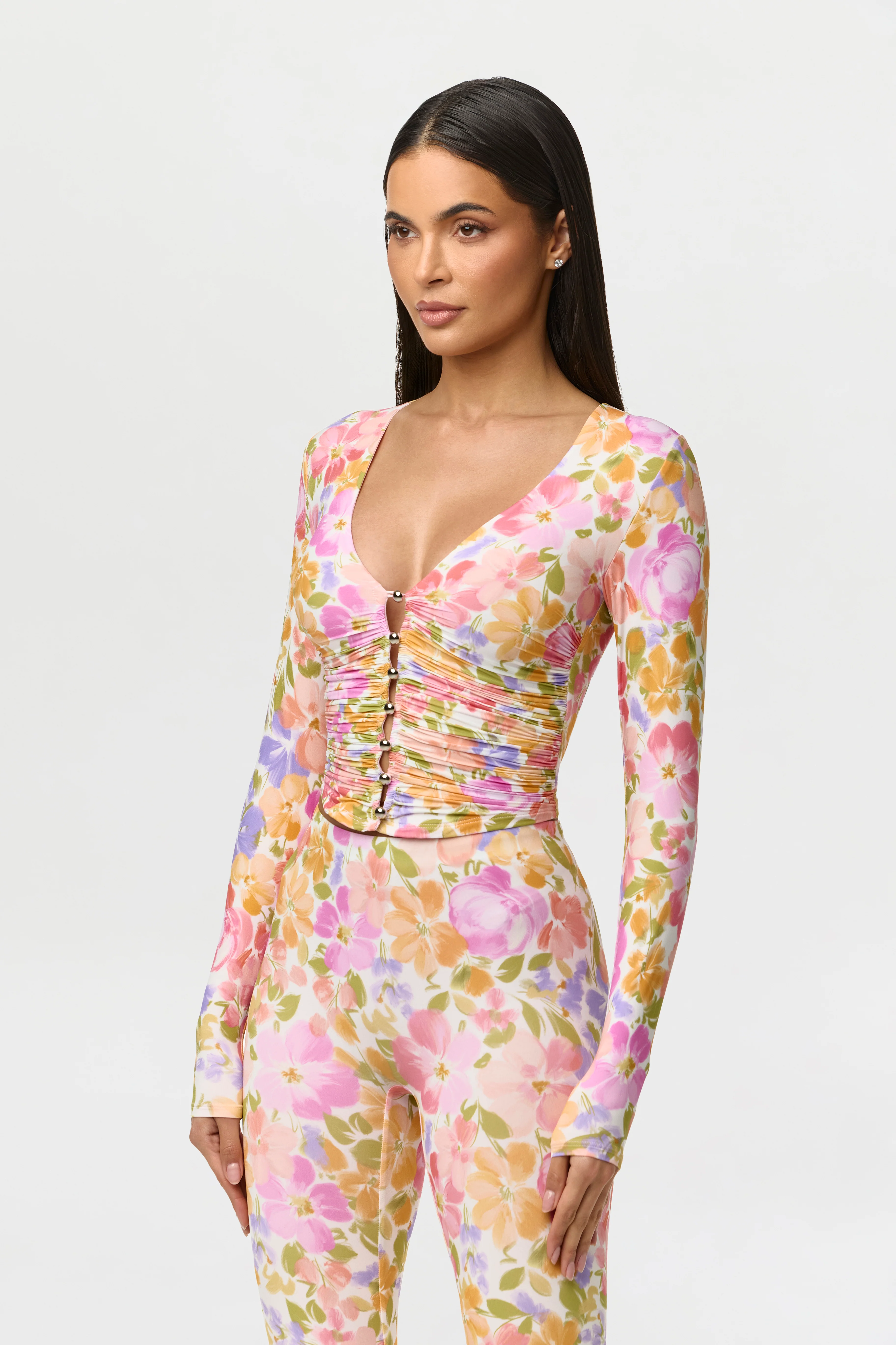 Naked Print Ruched Button Up Top - Image 3