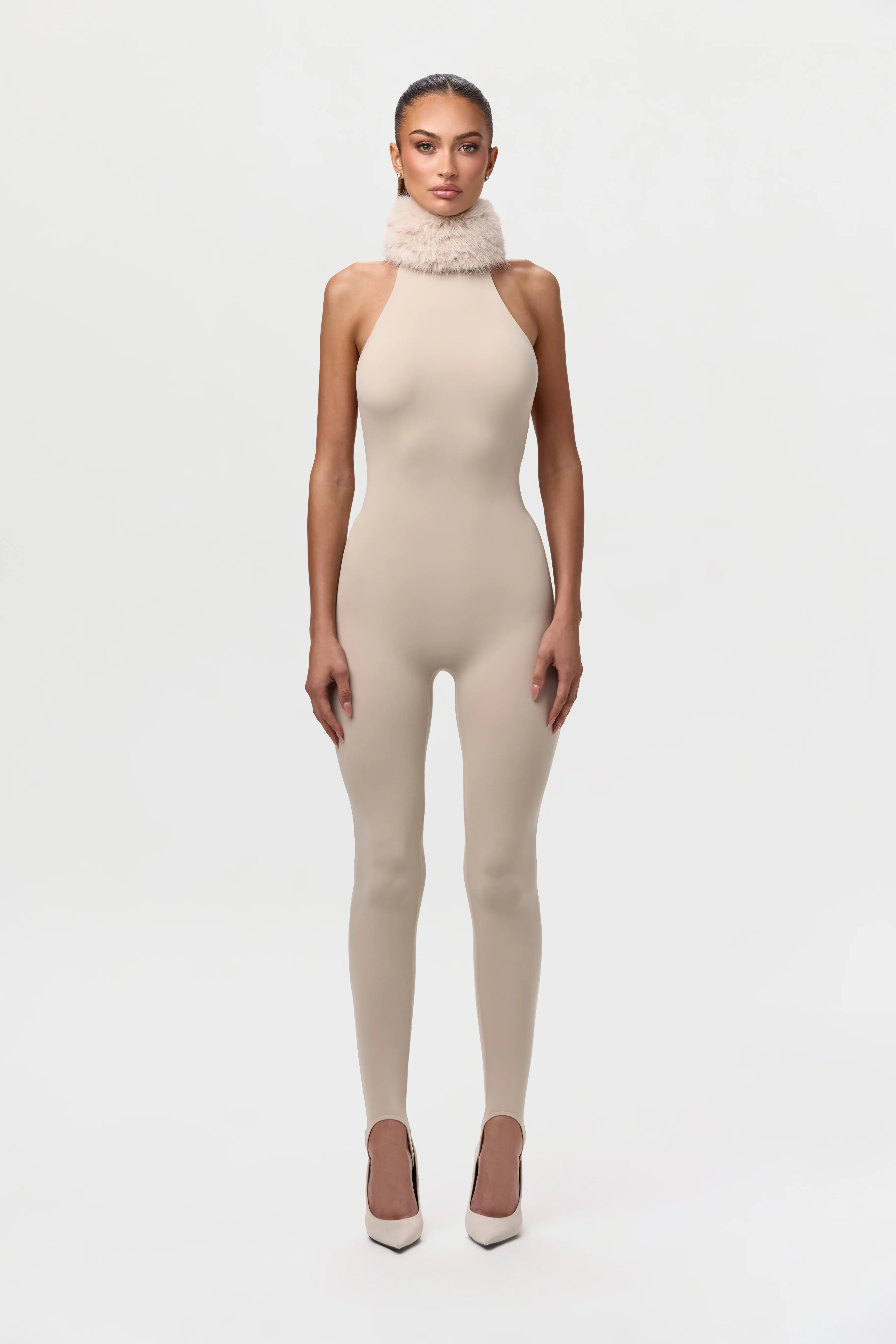 Naked Stirrup Jumpsuit with Fur Collar
