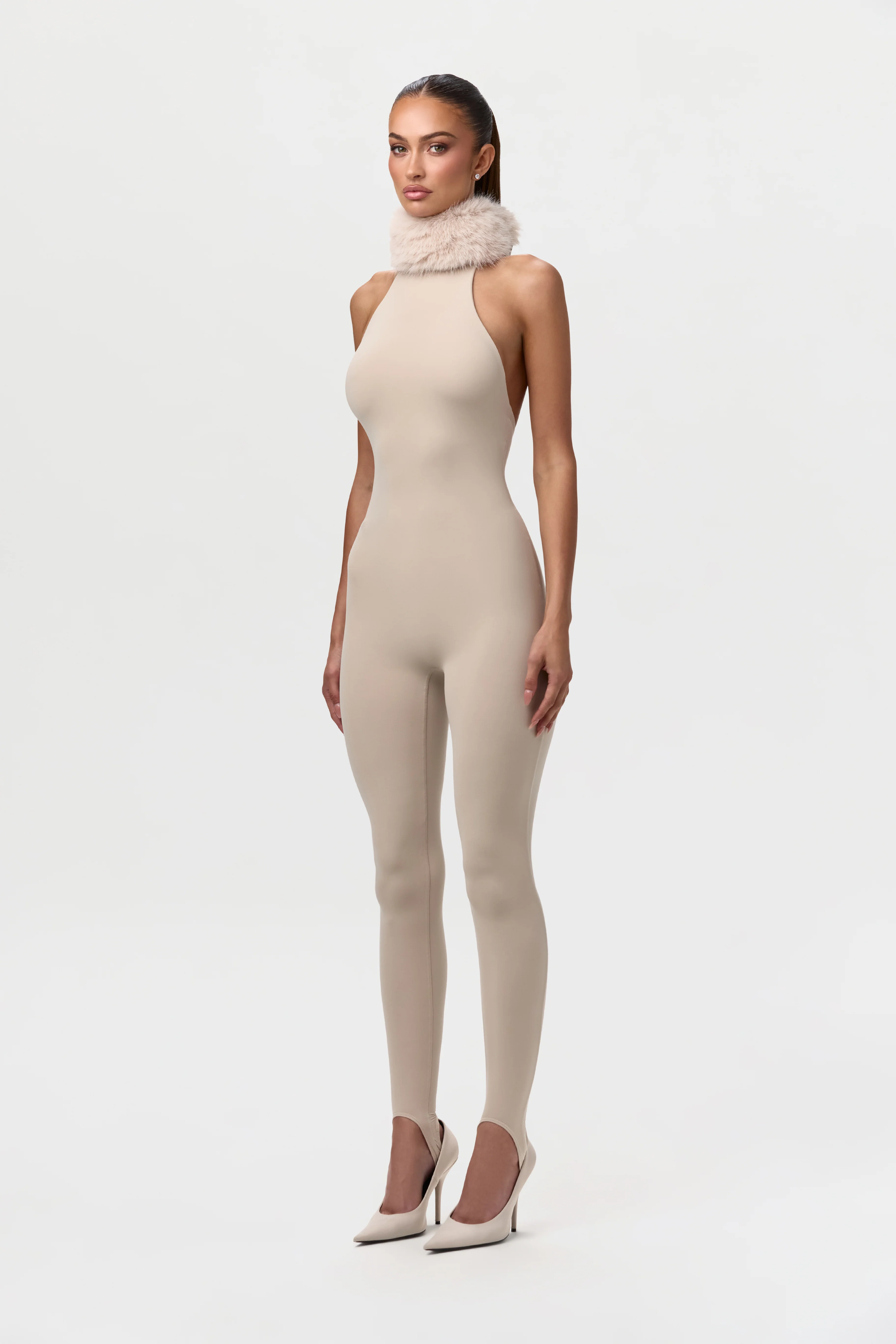 Naked Stirrup Jumpsuit with Fur Collar - Image 2
