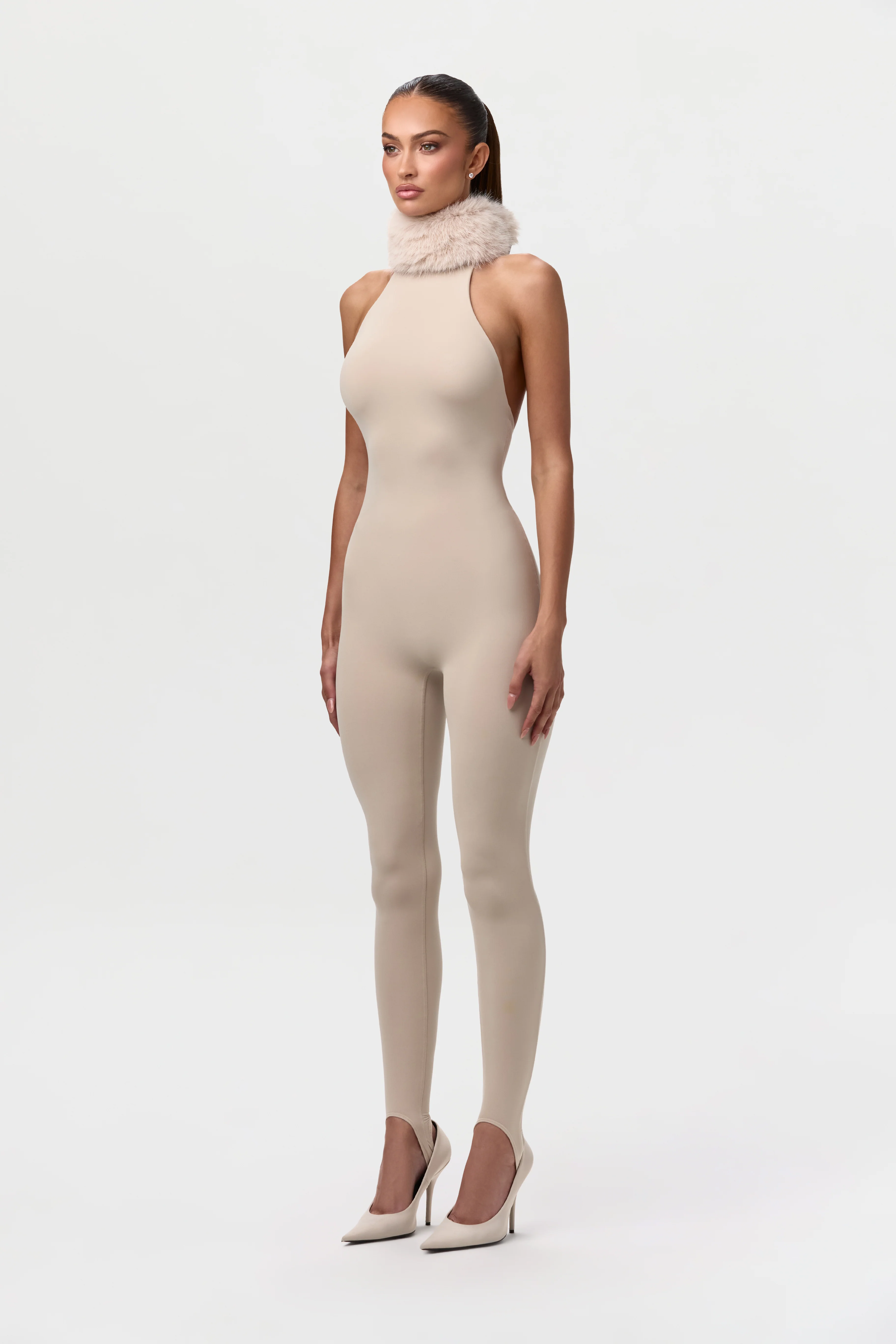 Naked Stirrup Jumpsuit with Fur Collar - Image 3