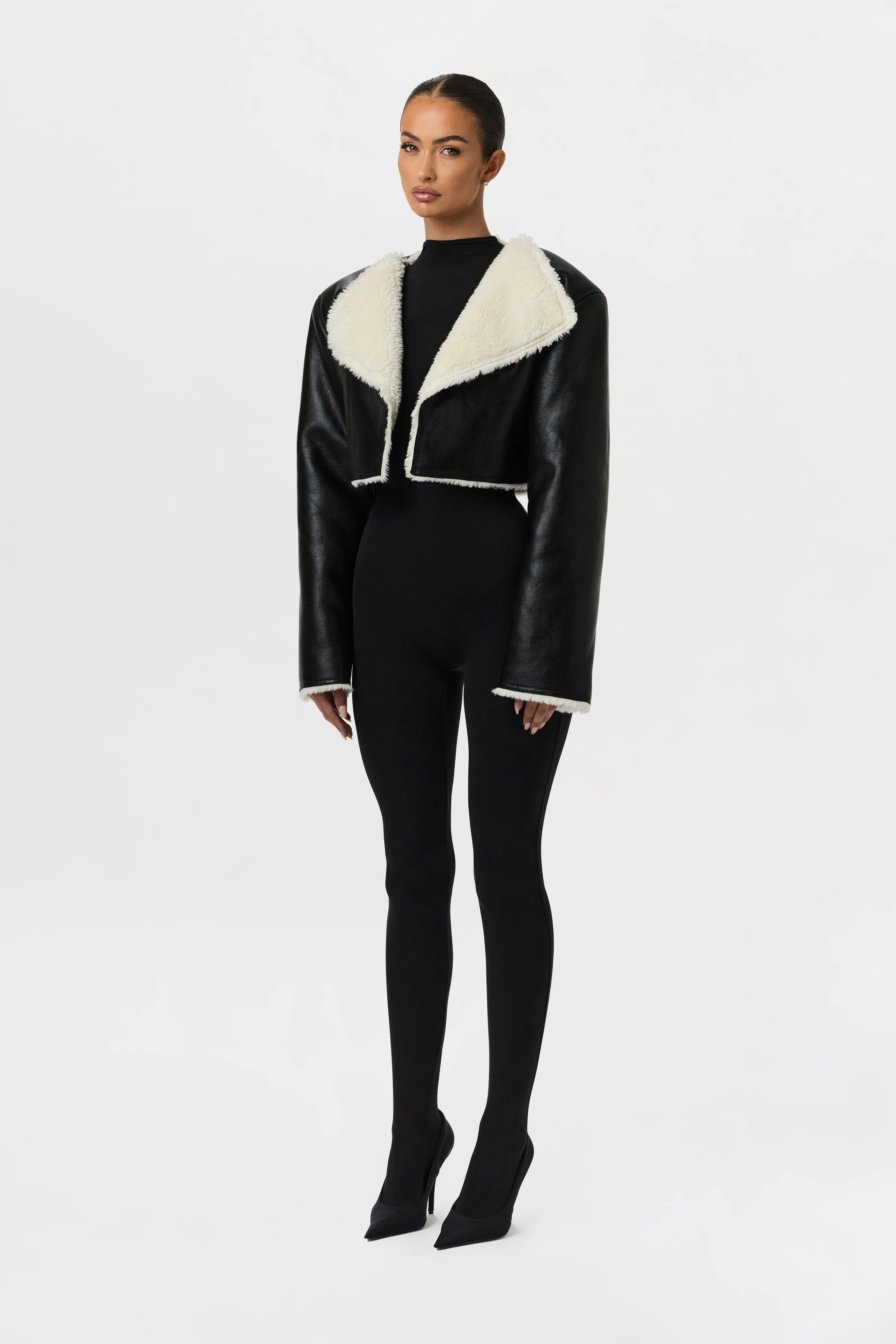Vegan Leather Sherpa Cropped Jacket - Image 3