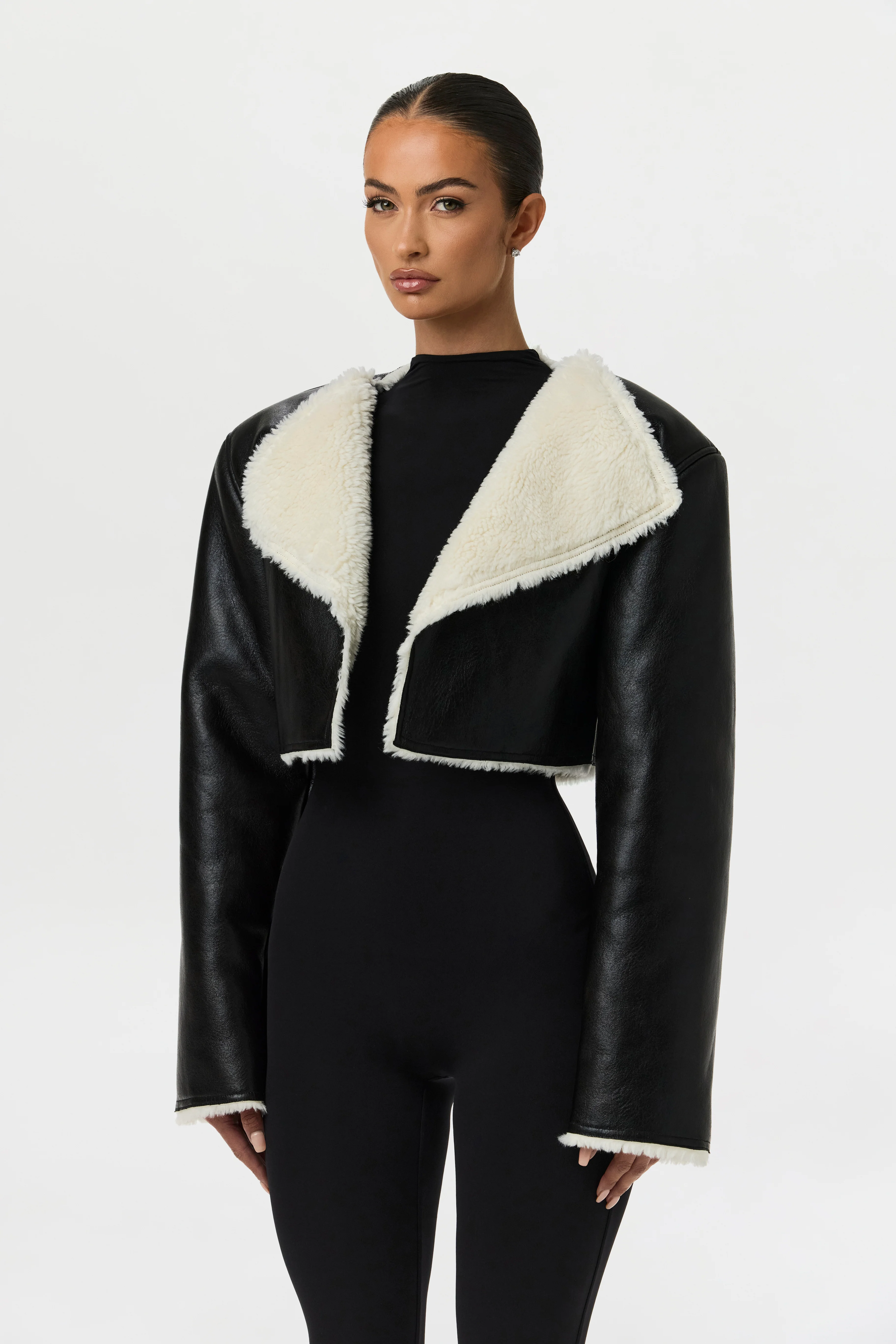 Vegan Leather Sherpa Cropped Jacket - Image 4