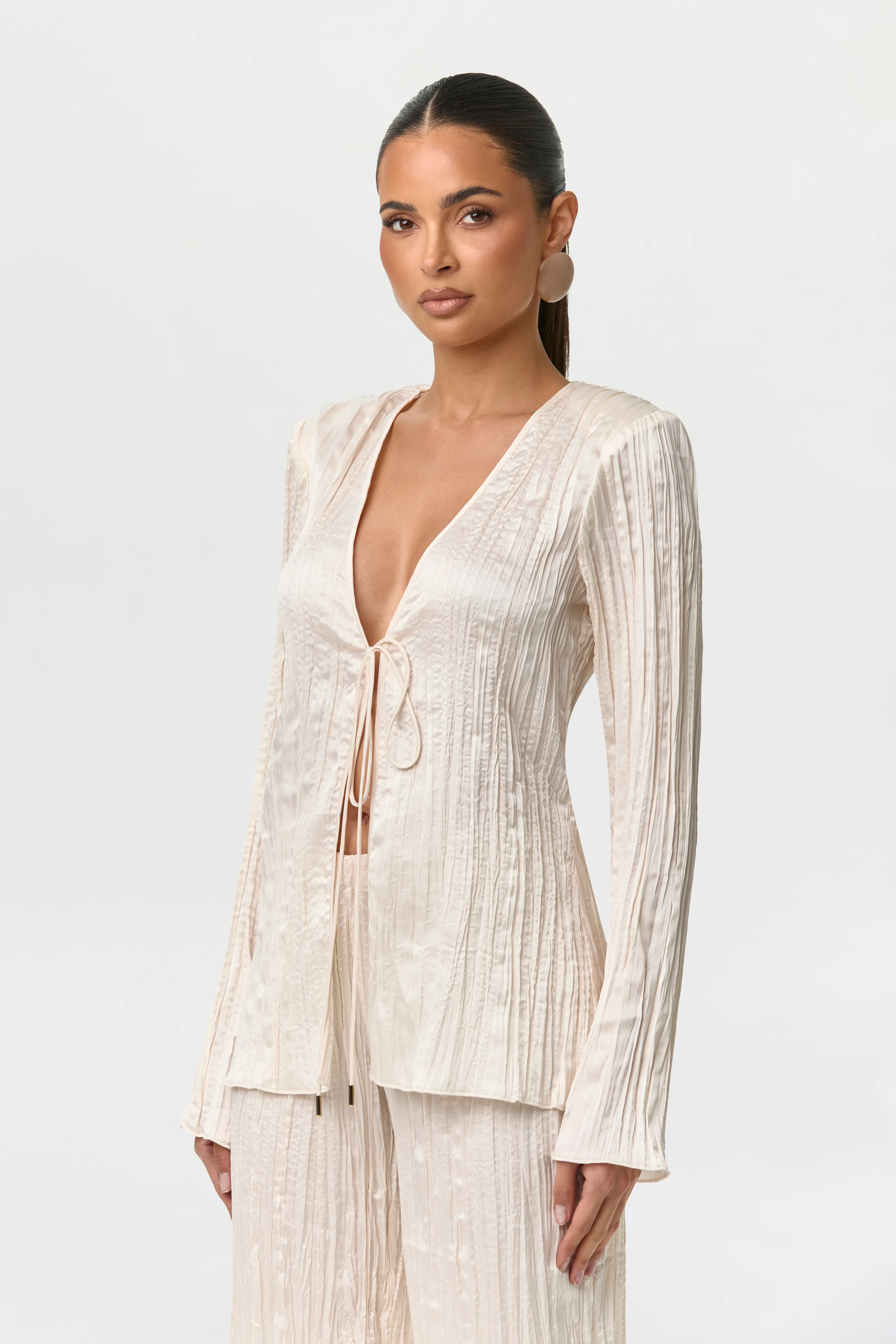 Satin Plissé V-Neck Top - Image 5
