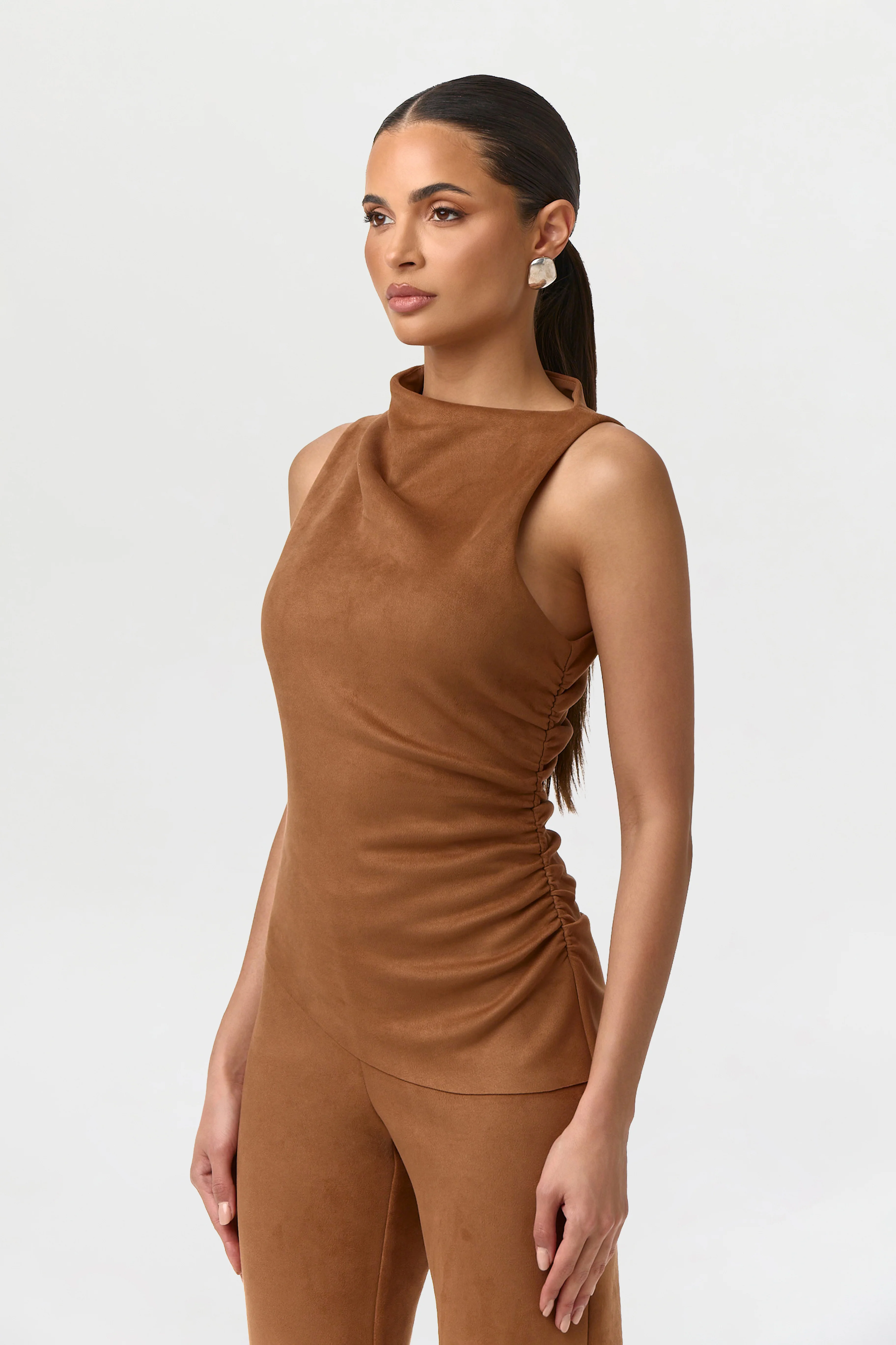 Faux Suede Ruched Sleeveless Top - Image 2