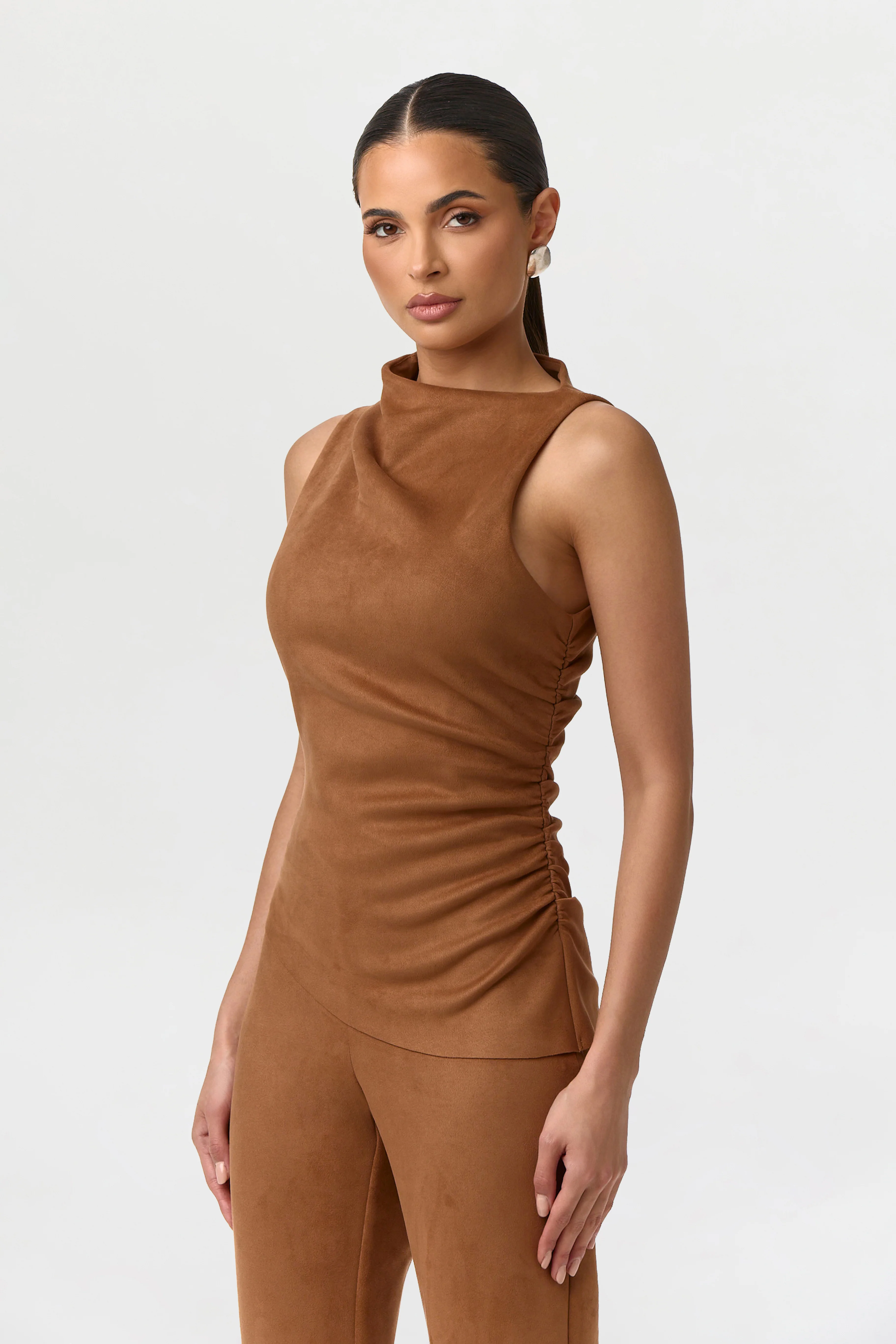 Faux Suede Ruched Sleeveless Top - Image 3