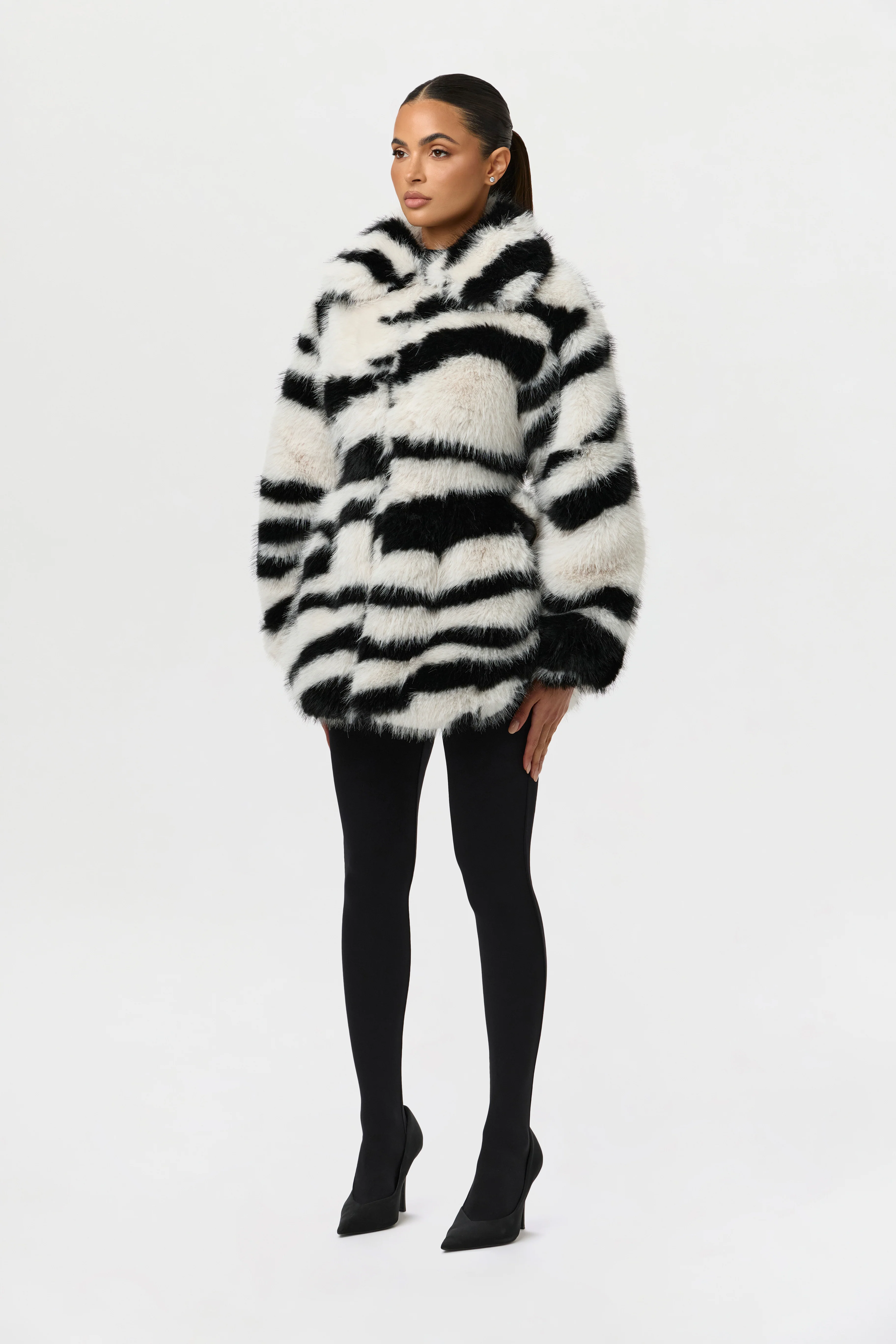 Faux Fur Plush Zebra Coat - Image 3